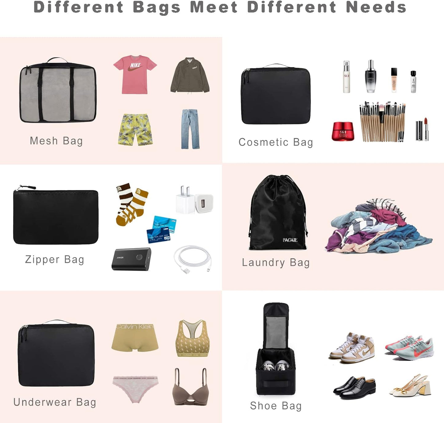 Organiseurs de Bagage pour Voyage, sacs à vêtements, chaussures, sacs de rangement pour cosmétiques